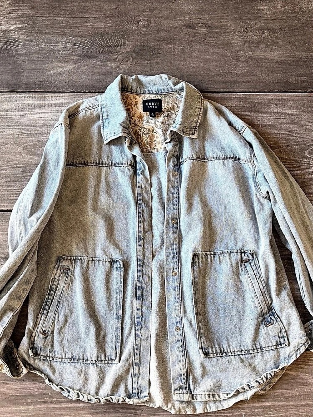 Curve Appeal Denim Shacket with Cute Patterned Cuffs – Medium (Fits Small)